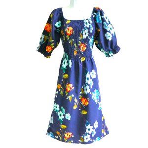 LiNeN Designer Cristina Vergani Italy Navy Floral Midi Dress Smocked Puff Sleeve